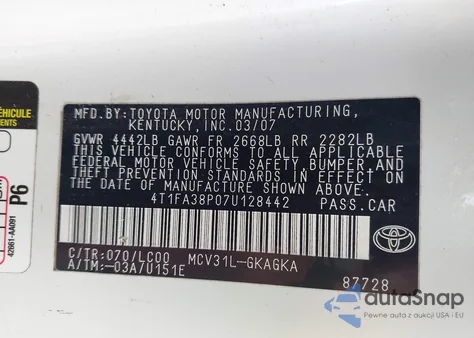 2007 Toyota Camry Solara Sle z USA, uszkodzony, nr VIN 4T1FA38P07U128442